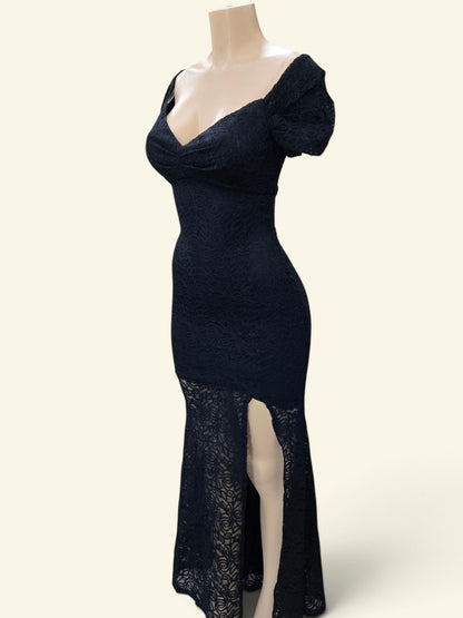 Womens Mesh Knee Slit Maxi Dress - Black