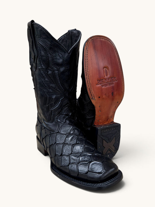 Denver Mens Safari Pirarucu Print Western Boot - Black