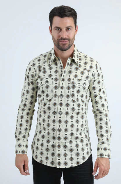 Platini Mens Western Modern Fit Shirt with Snaps - Beige