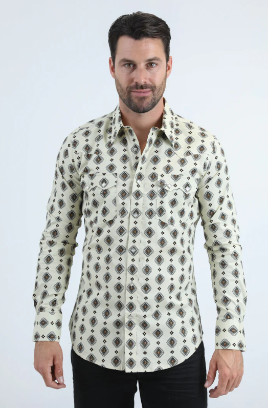 Platini Mens Western Modern Fit Shirt with Snaps - Beige
