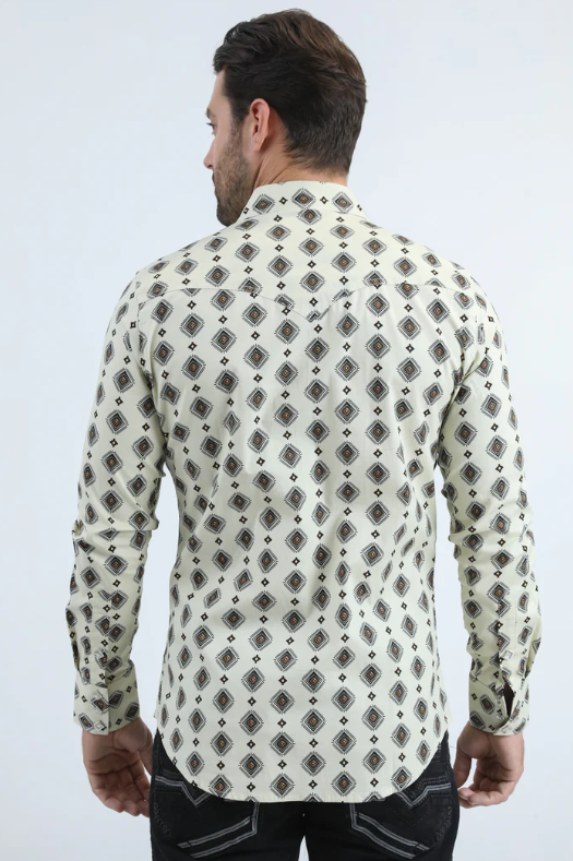 Platini Mens Western Modern Fit Shirt with Snaps - Beige