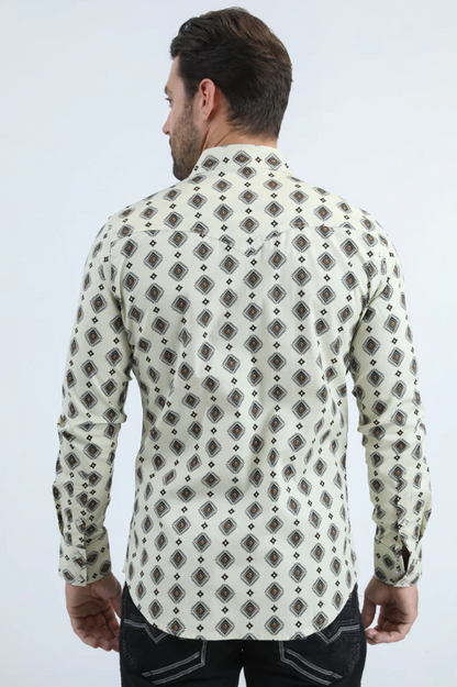 Platini Mens Western Modern Fit Shirt with Snaps - Beige