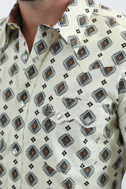 Platini Mens Western Modern Fit Shirt with Snaps - Beige