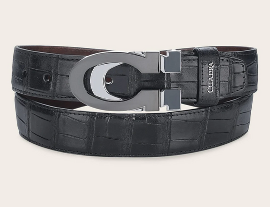 Cuadra Mens Alligator Leather Casual Belt Cinto - Black BC474