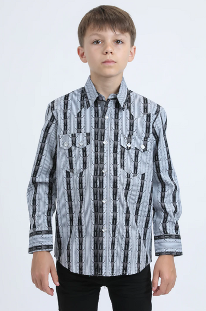 Platini Boys Western Modern Fit Cotton/Spandex Long Sleeve Black Shirt with Snaps