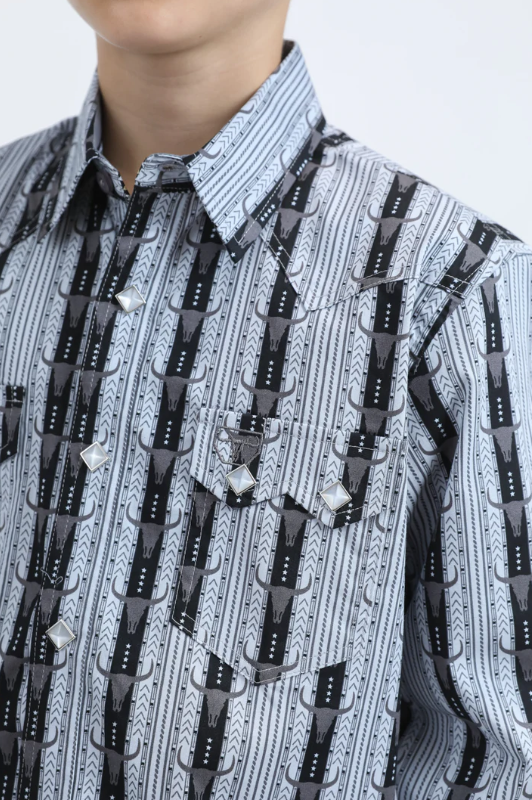 Platini Boys Western Modern Fit Cotton/Spandex Long Sleeve Black Shirt with Snaps