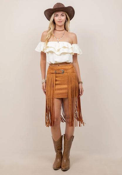 Saints & Hearts Womens Buckle Deatail Fringe Skirt  -Camel