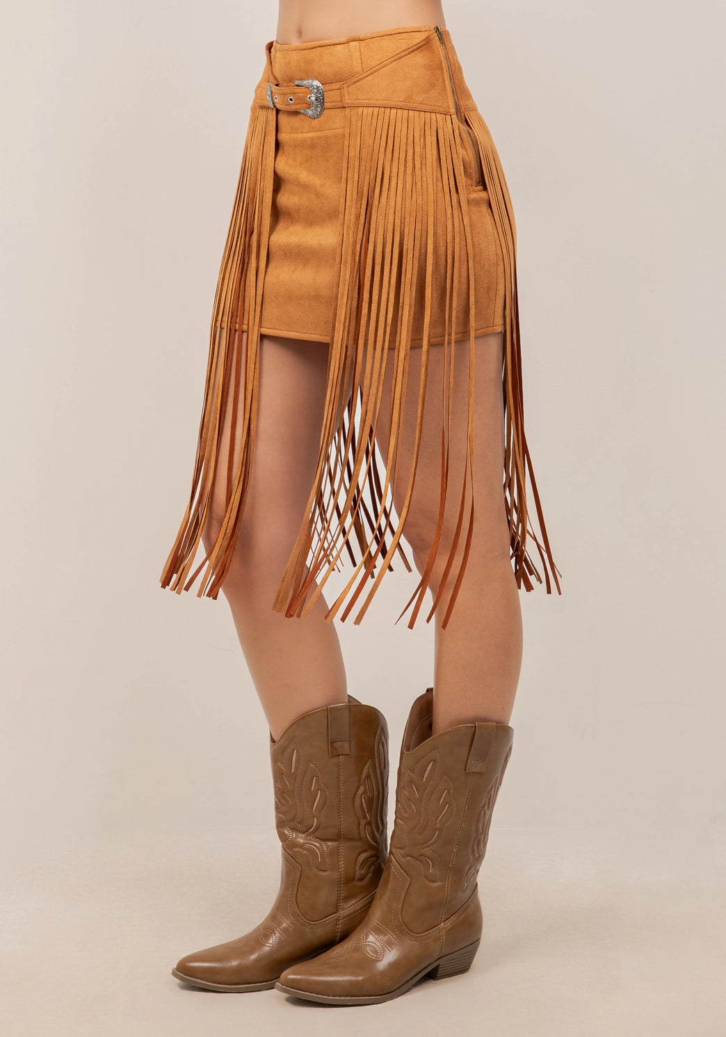 Saints & Hearts Womens Buckle Deatail Fringe Skirt  -Camel