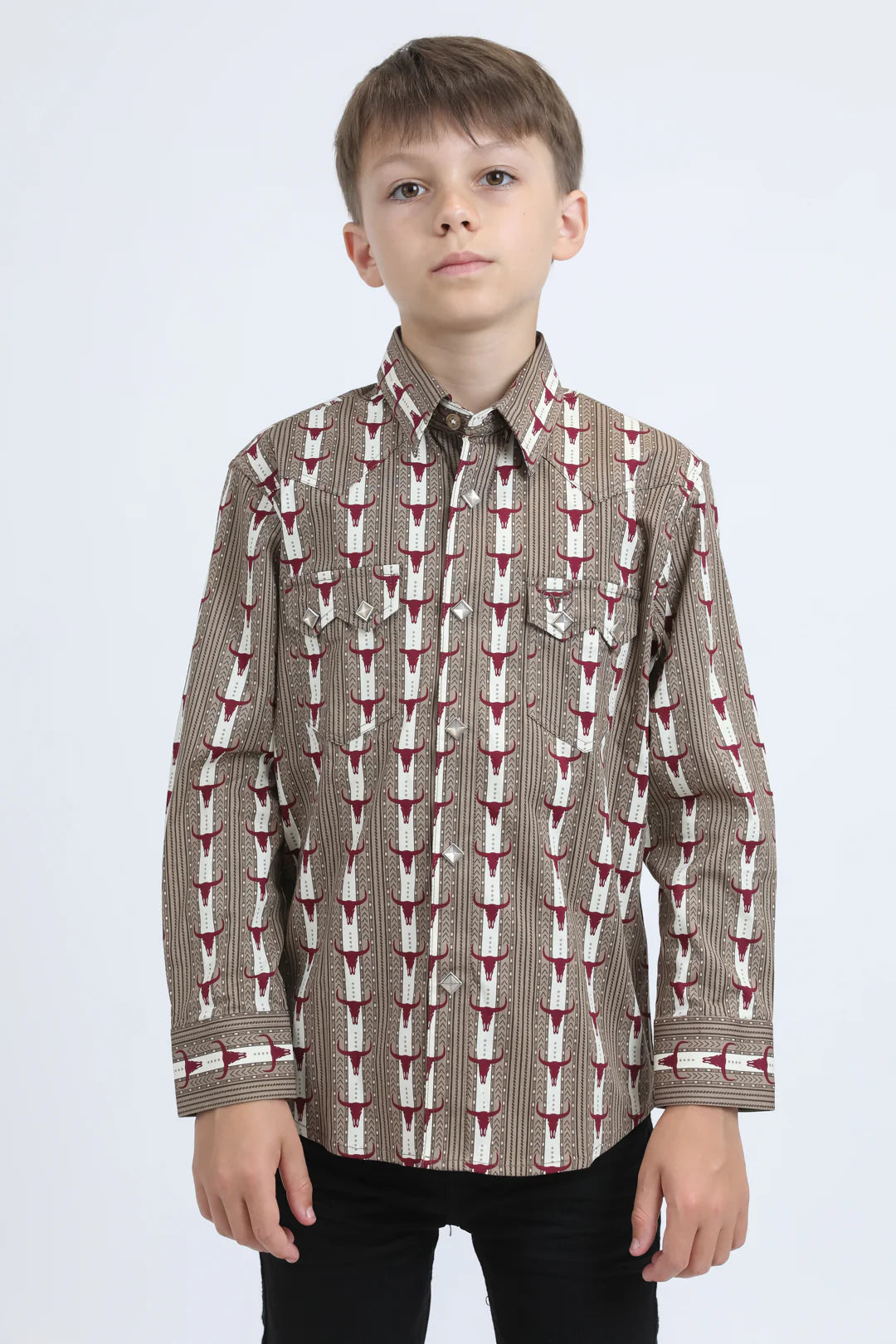 Platini Boys Bull Print Diamond Snap Shit - Khaki
