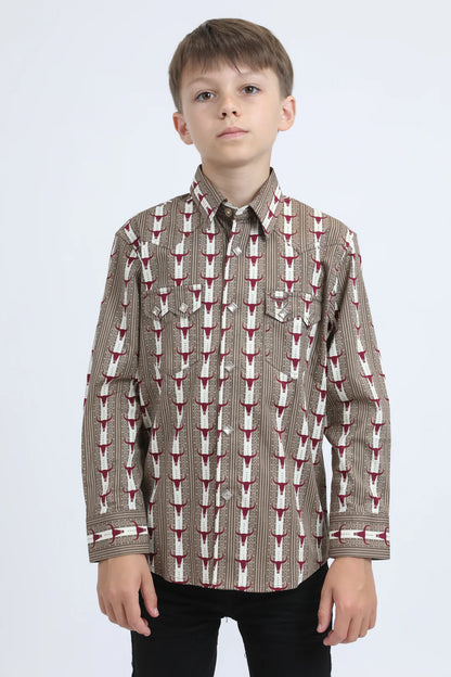 Platini Boys Bull Print Diamond Snap Shit - Khaki