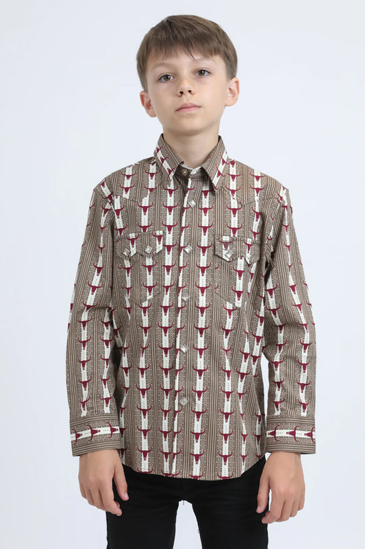 Platini Boys Bull Print Diamond Snap Shit - Khaki