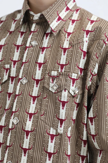 Platini Boys Bull Print Diamond Snap Shit - Khaki