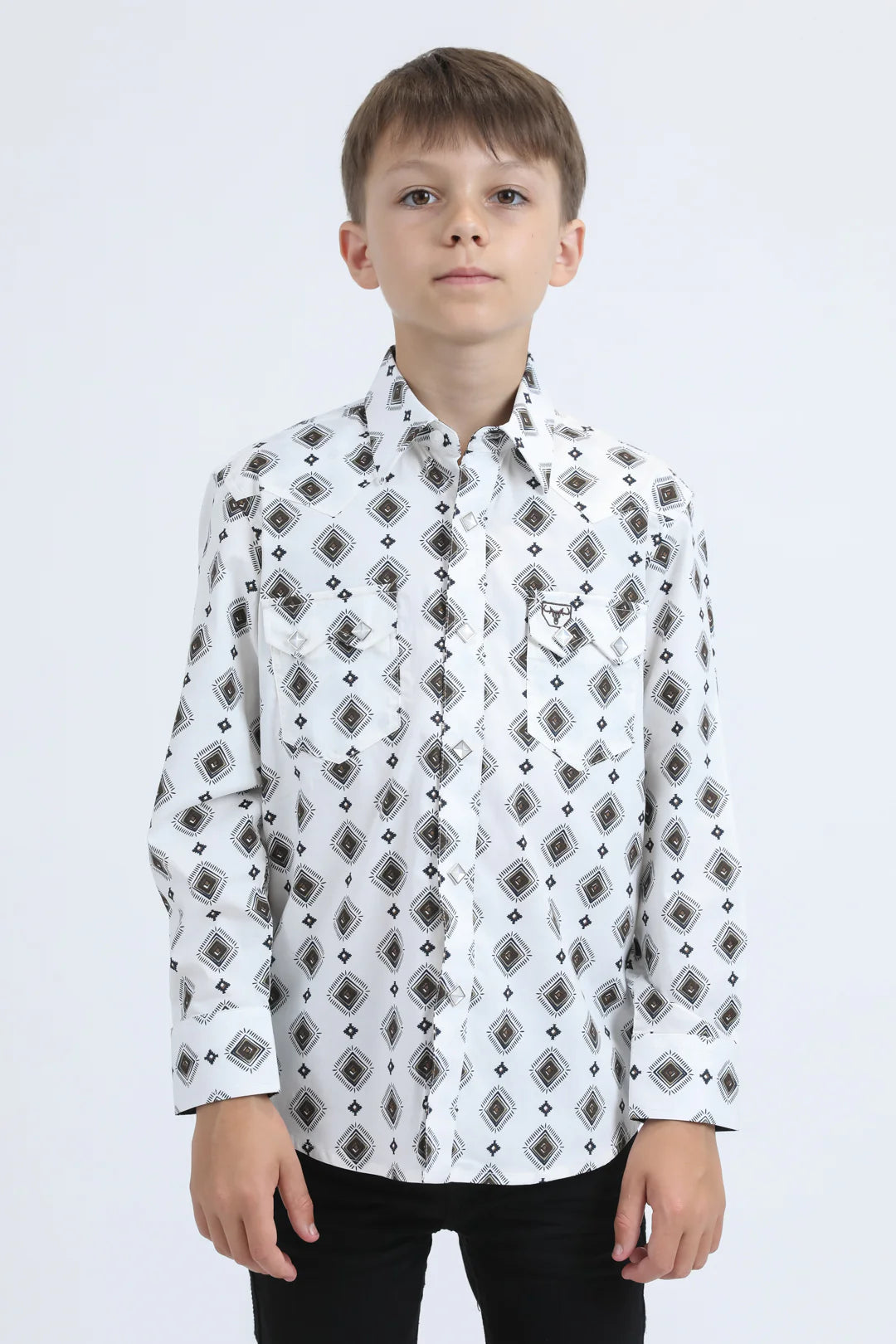 Platini Boys Diamond Print Modern Fit Shirt w/ Diamond Snaps - Black, White