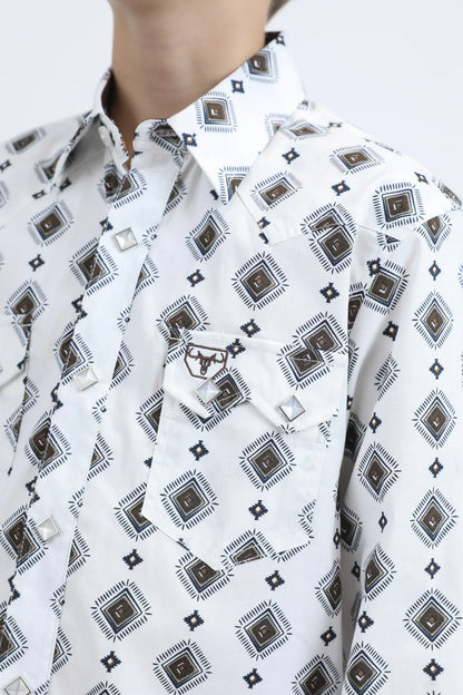 Platini Boys Diamond Print Modern Fit Shirt w/ Diamond Snaps - Black, White