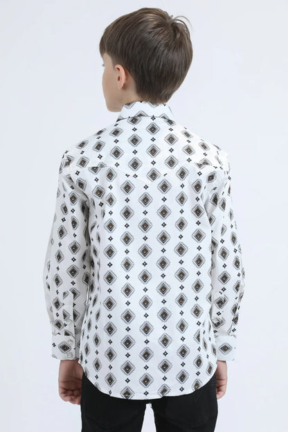 Platini Boys Diamond Print Modern Fit Shirt w/ Diamond Snaps - Black, White