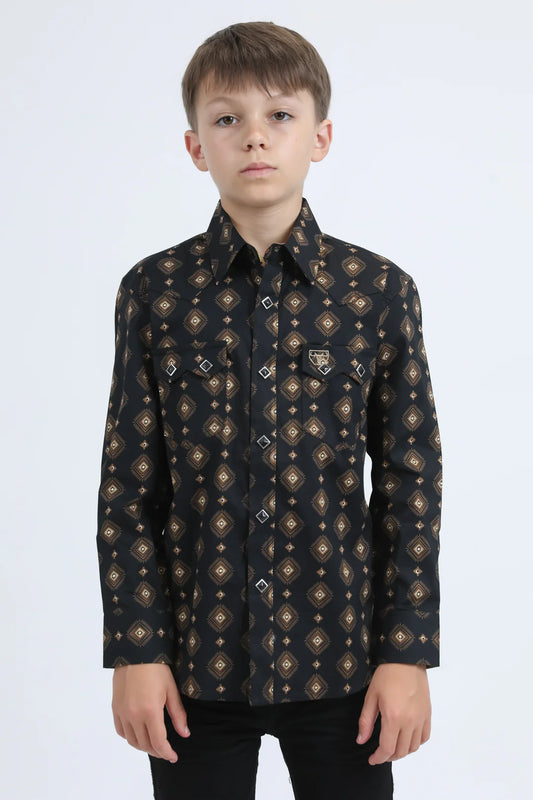 Platini Boys Diamond Print Modern Fit Shirt w/ Diamond Snaps - Black, White