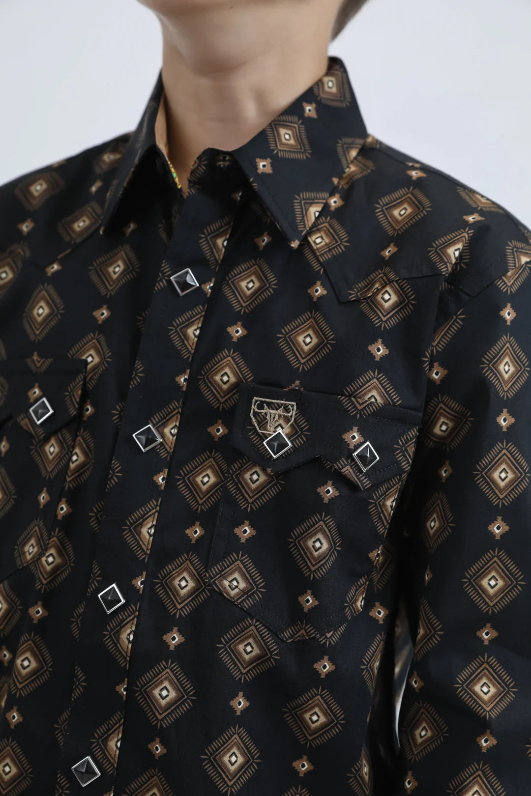 Platini Boys Diamond Print Modern Fit Shirt w/ Diamond Snaps - Black, White