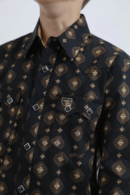 Platini Boys Diamond Print Modern Fit Shirt w/ Diamond Snaps - Black, White