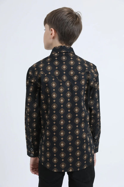 Platini Boys Diamond Print Modern Fit Shirt w/ Diamond Snaps - Black, White