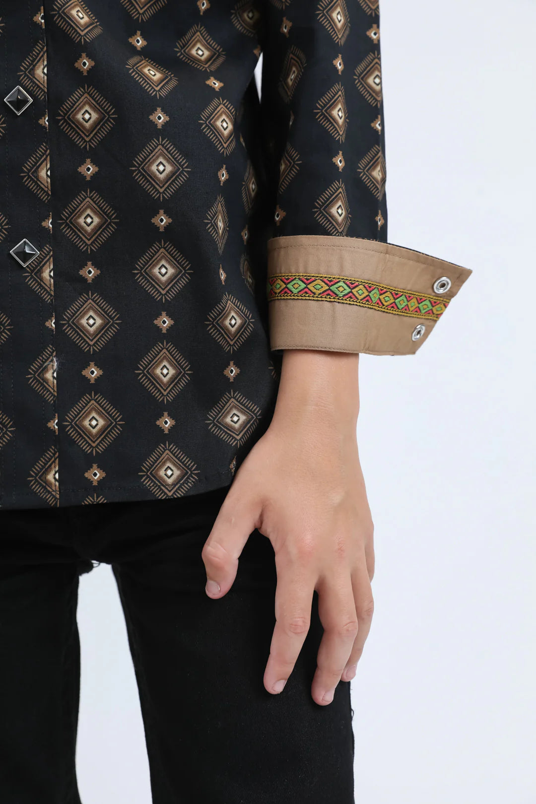 Platini Boys Diamond Print Modern Fit Shirt w/ Diamond Snaps - Black, White