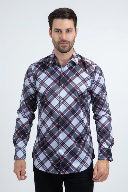 Platini Mens Checkered Long Sleeve Shirt - Lt. Grey