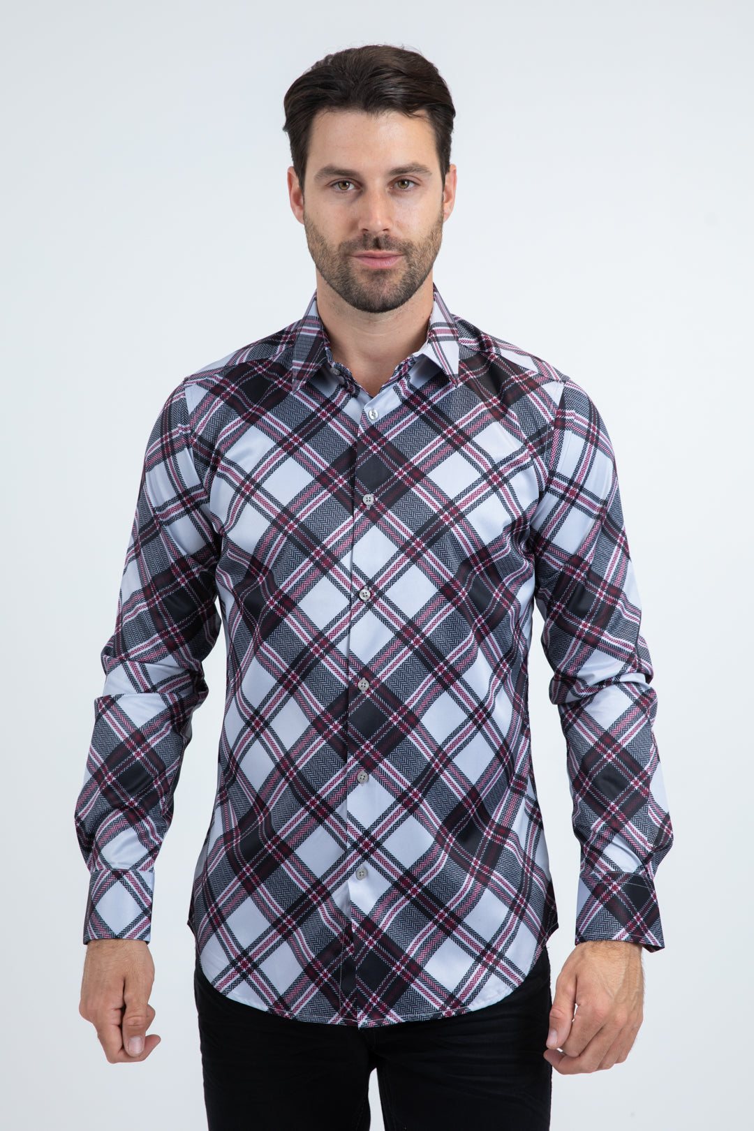 Platini Mens Checkered Long Sleeve Shirt - Lt. Grey