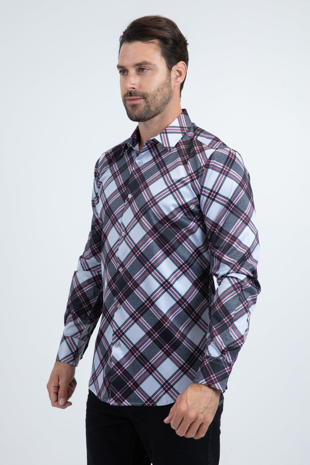 Platini Mens Checkered Long Sleeve Shirt - Lt. Grey