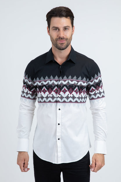 Platini Modern Fit Cotton Stretch Rodeo Panoramic Print White Shirt