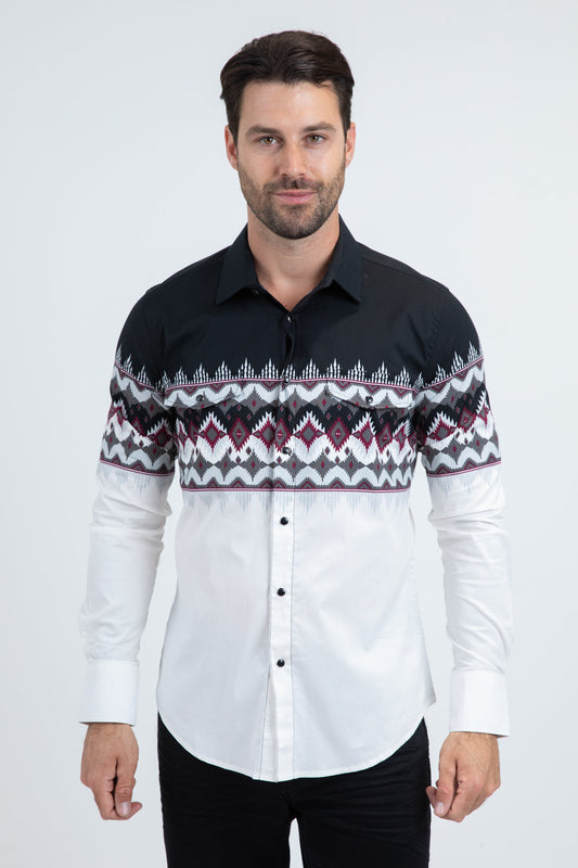 Platini Modern Fit Cotton Stretch Rodeo Panoramic Print White Shirt