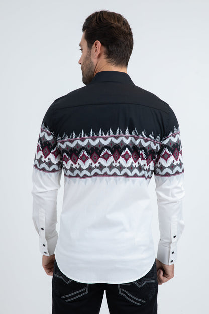 Platini Modern Fit Cotton Stretch Rodeo Panoramic Print White Shirt