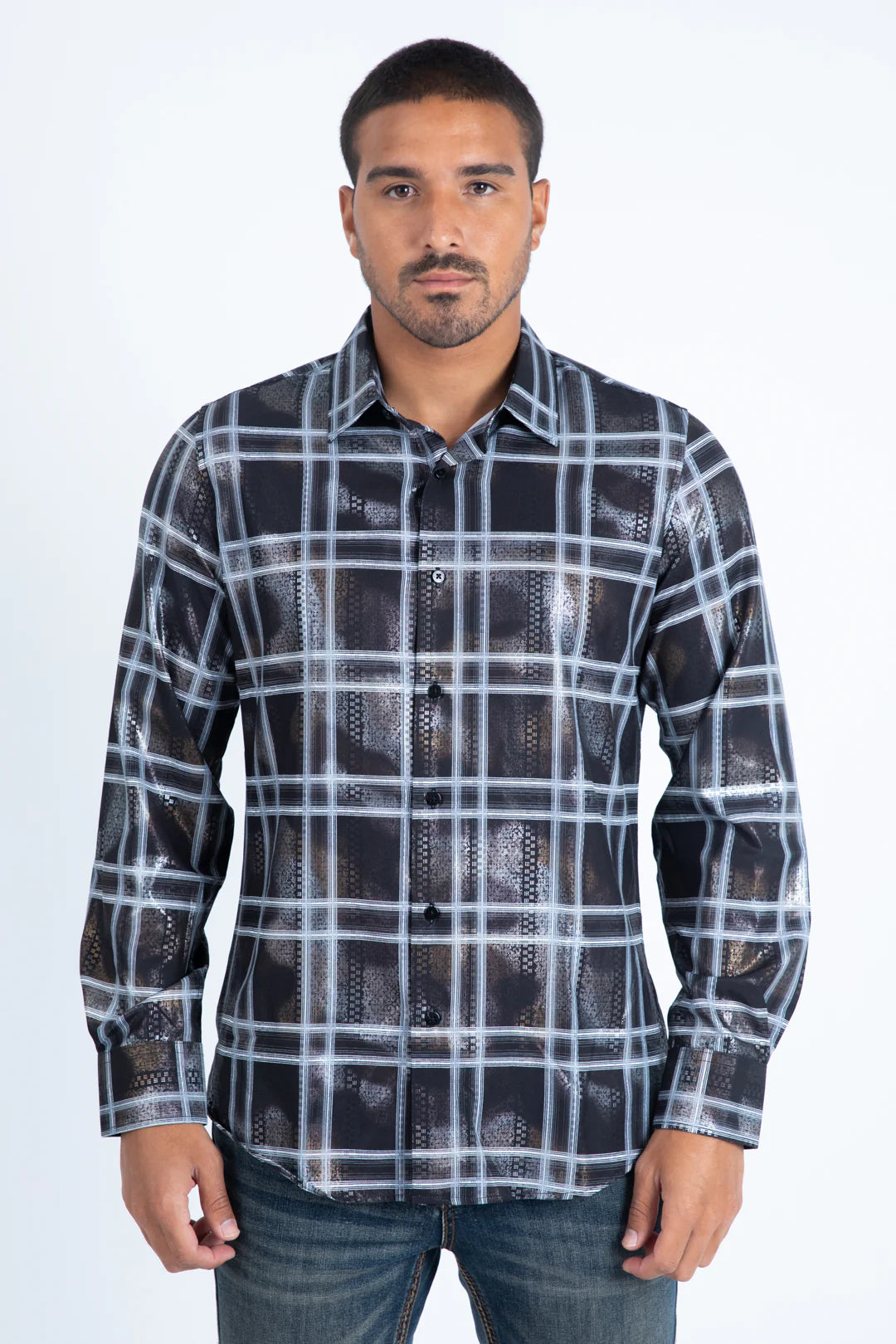 Platini Mens Modern Fit Stretch Foil Fashion Shirt - Black