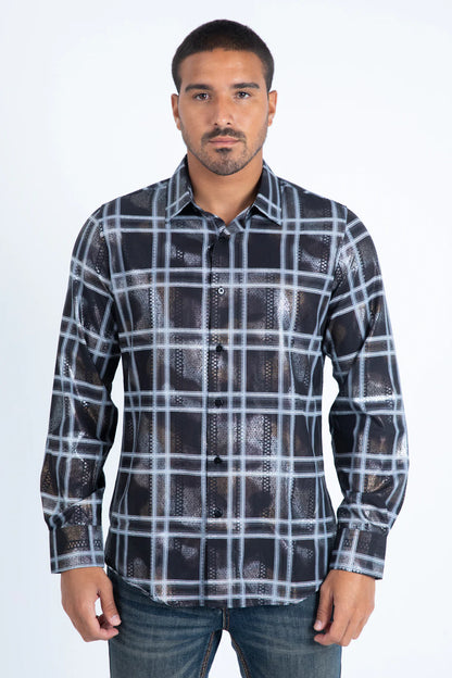 Platini Mens Modern Fit Stretch Foil Fashion Shirt - Black