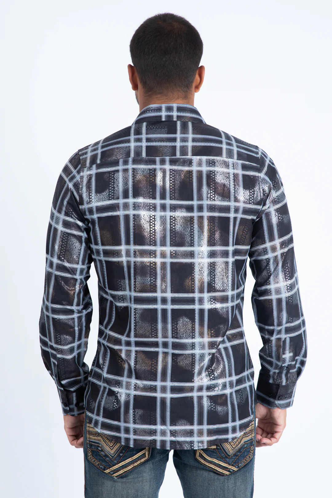 Platini Mens Modern Fit Stretch Foil Fashion Shirt - Black