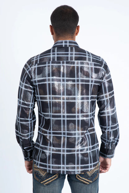 Platini Mens Modern Fit Stretch Foil Fashion Shirt - Black