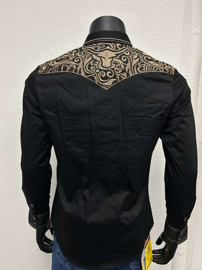 Montero Mens Western Embroidered Bull Long Sleeve Shirt - Black, Navy, White