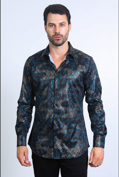 Platini Mens Modern Fit Stretch Foil Fashion shirt (Black)