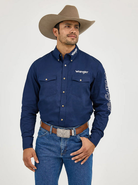 Wrangler Mens Logo Long Sleeve Button Down Solid Shirt (Navy)