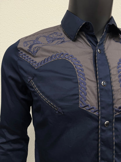 Montero Mens Western Horse Embroidered Long-Sleeve Shirt - Black, Navy