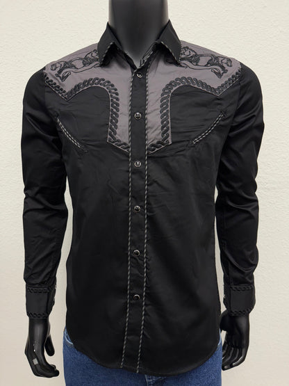 Montero Mens Western Horse Embroidered Long-Sleeve Shirt - Black, Navy