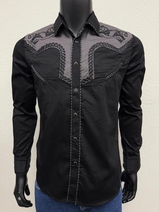 Montero Mens Western Horse Embroidered Long-Sleeve Shirt - Black, Navy