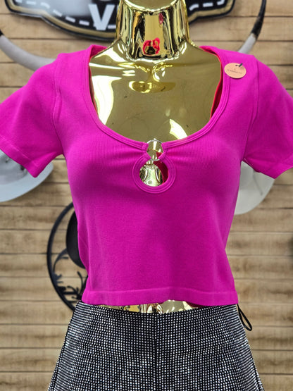 New Mix Womens Circle Cutout Shirt (Hot Pink)
