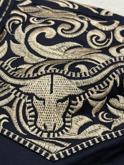 Montero Mens Western Embroidered Bull Long Sleeve Shirt - Black, Navy, White