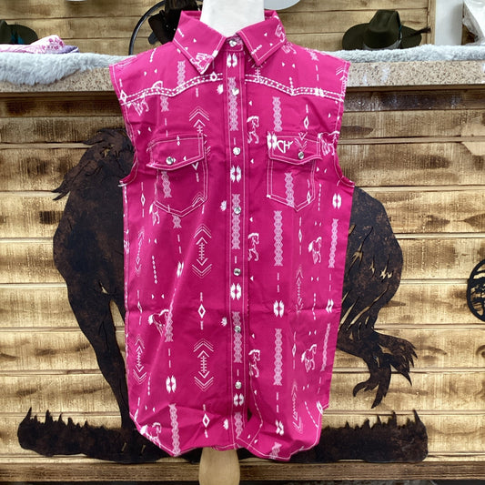 Cowgirl Hardware Kids Horse Aztec Sleeveless Shirt- Pink/White