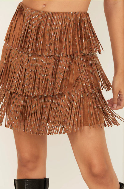 Fornia Women’s rhinestone  Fringe Faux Suede mini skirt