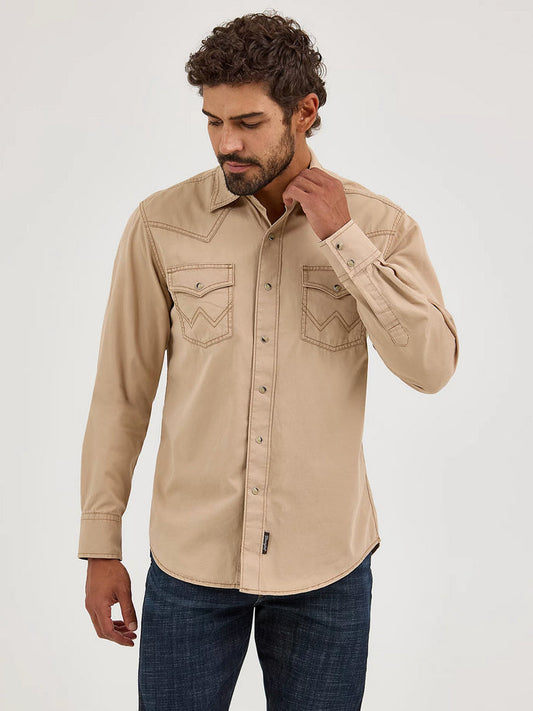 Wrangler Mens Retro Premium Pigment Dyed Twill Western Snap Shirt (Tan)
