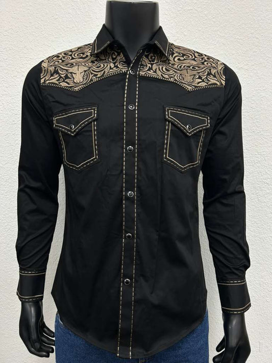 Montero Mens Western Embroidered Bull Long Sleeve Shirt - Black, Navy, White