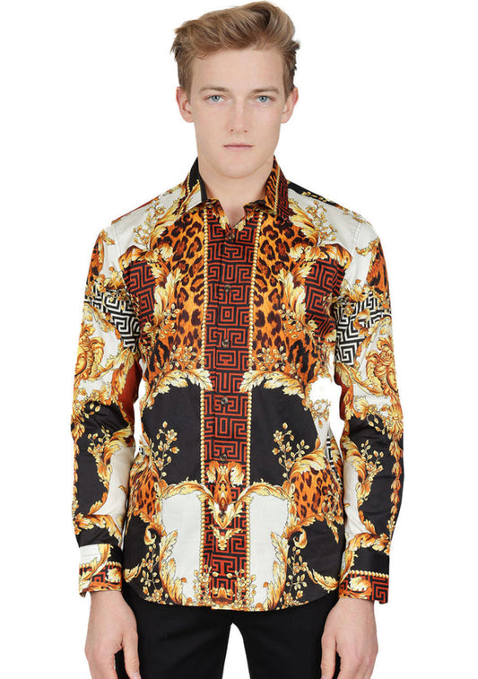 Barabas Mens Leapard Baroque Long Sleeve Shirt (Saddle)