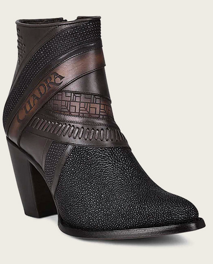 Cuadra Womens Stingray Laser and Woven High Heel Bootie - Black