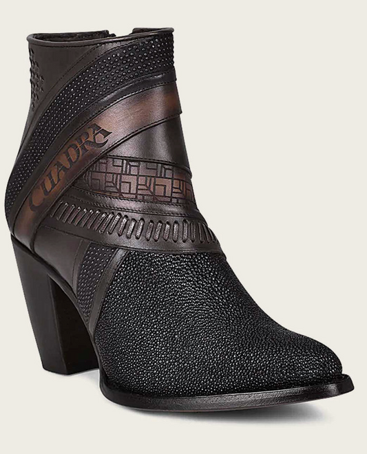 Cuadra Womens Stingray Laser and Woven High Heel Bootie - Black