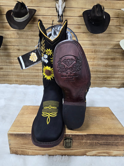 Girasol Womens Embroidered Sunflower Nobuck Leather Boot - Yellow/Black